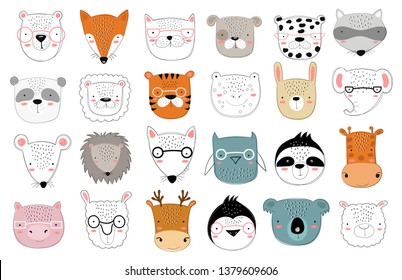 Vector collection of cute doodle animals for kids. Hand drawn graphic zoo. Perfect for baby shower, postcard, label, brochure, flyer, page, banner design