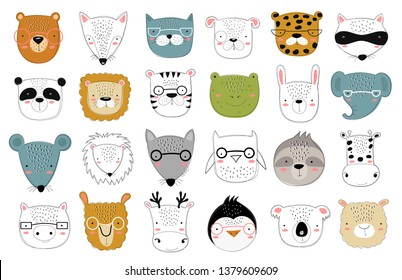 Vector collection of cute doodle animals for kids. Hand drawn graphic zoo. Perfect for baby shower, postcard, label, brochure, flyer, page, banner design