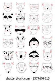 Vector collection of cute doodle animals for kids. Hand drawn graphic zoo. Perfect for baby shower, postcard, label, brochure, flyer, page, banner design