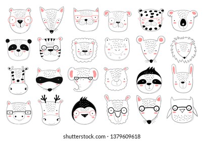 Vector collection of cute doodle animals for kids. Hand drawn graphic zoo. Perfect for baby shower, postcard, label, brochure, flyer, page, banner design