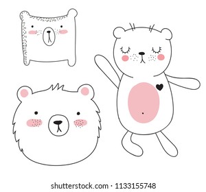 Vector collection of cute doodle bear. Adorable objects isolated on background. Valentine's day, anniversary, save the date, baby shower, bridal, birthday