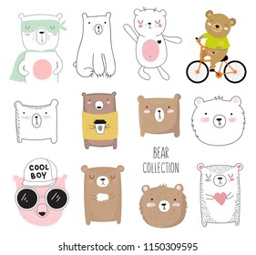 Vector collection of cute doodle bear. Adorable objects isolated on background. Valentine's day, anniversary, baby shower, birthday party