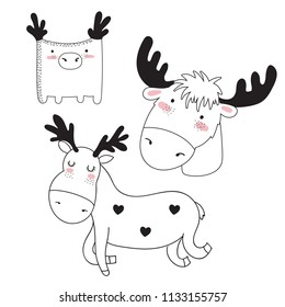Vector collection of cute doodle deer. Adorable objects isolated on background. Valentine's day, anniversary, save the date, baby shower, bridal, birthday