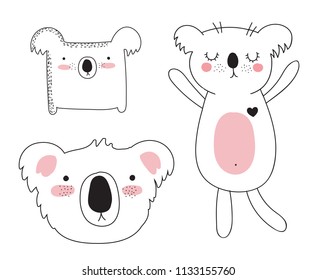 Vector collection of cute doodle koala. Adorable objects isolated on background. Valentine's day, anniversary, save the date, baby shower, bridal, birthday