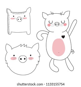 Vector collection of cute doodle pig. Adorable objects isolated on background. Valentine's day, anniversary, save the date, baby shower, bridal, birthday