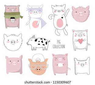 Vector collection of cute doodle pig. Adorable objects isolated on background. Valentine's day, anniversary, baby shower, birthday party