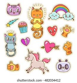 Vector collection of cute doodle stickers. Funny pictures of cats, unicorn, rainbow, clouds, hearts and pandas.