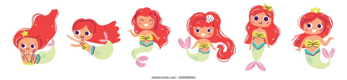 Vector collection of cute european mermaids with red hair, hand drawn style. Under the sea character. Perfect for kids graphic tees, fabric, textile, posters, stickers