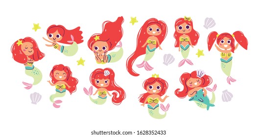 Vector collection of cute european mermaids with red hair, hand drawn style. Under the sea character. Perfect for kids graphic tees, fabric, textile, posters, stickers