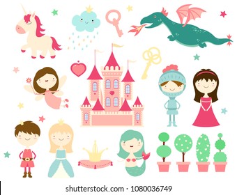 Vector collection of cute fairy-tale characters - prince, princess, knight, mermaid, unicorn, dragon, fairy, castle. In retro pastel colors. EPS8