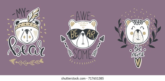 Vector collection with  cute fashion bears. Stylish teddy bear set. Trendy design in sketch style  t-shirt print, cards, poster.Doodle kids animals series. Funny character.