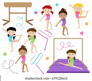 Vector Collection of Cute Female Gymnasts or Dancers of Different Ethnicities