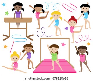 Vector Collection of Cute Female Gymnasts or Dancers of Different Ethnicities