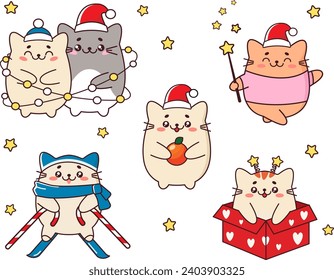 Vector collection of cute festive kawaii cats. The concept of winter holidays and vacations. Winter time. Vector cartoon illustration