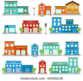 Vector Collection of Cute Fire Station Buildings, Hospitals and Clinics, and Police Stations