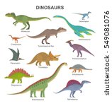 Vector collection of cute flat dinosaurs, including T-rex, Stegosaurus, Velociraptor, Pterodactyl, Brachiosaurus and Triceratop, isolated on white.