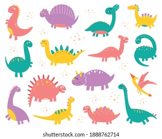 Vector collection of cute flat dinosaurs, including T-rex, Stegosaurus, Velociraptor, Pterodactyl, Brachiosaurus and Triceratop, isolated on white.