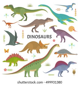 Vector collection of cute flat dinosaurs, including T-rex, Stegosaurus, Velociraptor, Pterodactyl, Brachiosaurus and Triceratop, isolated on white.