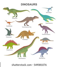 Vector collection of cute flat dinosaurs, including T-rex, Stegosaurus, Velociraptor, Pterodactyl, Brachiosaurus and Triceratop, isolated on white.