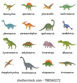 Vector collection of cute flat dinosaurs, including T-rex, Stegosaurus, Velociraptor, Pterodactyl, Brachiosaurus and Triceratop