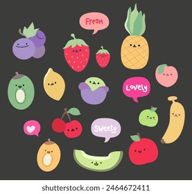 Vector collection of cute flat fruits. Cute cartoon pineapple, apple, grape, melon, lemon, cherry, peach, strawberry, banana, kiwi. Summer cartoon fruits