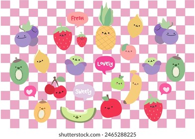 Vector collection of cute flat fruits. Cute cartoon pineapple, apple, grape, melon, lemon, cherry, peach, strawberry, banana, kiwi. Summer cartoon fruits on a pink groovy style