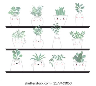 Vector collection of cute flower pots with house plants on a shelf. Valentine's day, anniversary, autumn fest, Thanksgiving, baby shower, birthday
