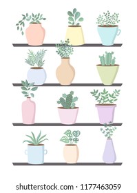 Vector collection of cute flower pots with house plants on a shelf. Valentine's day, anniversary, autumn fest, Thanksgiving, baby shower, birthday
