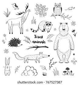 Vector collection of cute forest animals. Simple stylish graphics on a white background