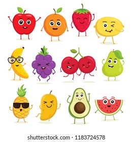 Vector collection of cute fruits. Funny fruit characters isolated on white background, Cute and funny fruit set vector illustration