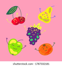 Colección vectorial de frutas lindas. Caracteres de fruta divertidos aislados en fondo azul.  Ilustración vectorial para el diseño