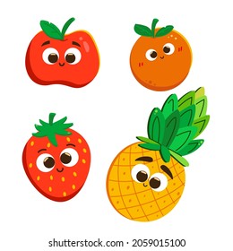 Vector collection of cute fruits. Funny fruit characters isolated on white background, Cute and funny fruit set vector illustration