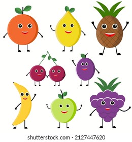Vector collection of cute fruits. Funny fruit characters isolated on white background, Cute and funny fruit set vector illustration