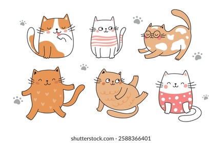 A vector collection of cute ginger cats in different poses with different emotions. Flat minimalist vector illustration with animals.