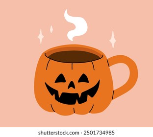 Vector collection of cute Halloween mugs. Hot cocoa with marshmallow, coffee and tea cups with cute faces, ghost, pumpkin, witch black cat and skull. Flat cartoon illustration on pink background