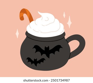 Vector collection of cute Halloween mugs. Hot cocoa with marshmallow, coffee and tea cups with cute faces, ghost, pumpkin, witch black cat and skull. Flat cartoon illustration on pink background