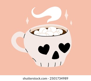 Vector collection of cute Halloween mugs. Hot cocoa with marshmallow, coffee and tea cups with cute faces, ghost, pumpkin, witch black cat and skull. Flat cartoon illustration on pink background