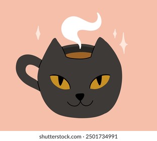 Vector collection of cute Halloween mugs. Hot cocoa with marshmallow, coffee and tea cups with cute faces, ghost, pumpkin, witch black cat and skull. Flat cartoon illustration on pink background