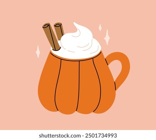 Vector collection of cute Halloween mugs. Hot cocoa with marshmallow, coffee and tea cups with cute faces, ghost, pumpkin, witch black cat and skull. Flat cartoon illustration on pink background