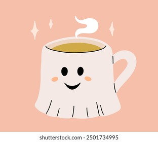 Vector collection of cute Halloween mugs. Hot cocoa with marshmallow, coffee and tea cups with cute faces, ghost, pumpkin, witch black cat and skull. Flat cartoon illustration on pink background