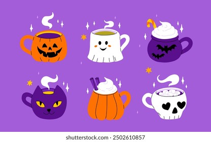 Vector collection of cute Halloween mugs. Hot cocoa with marshmallow, coffee and tea cups with cute faces, ghost, pumpkin, witch black cat and skull. Flat cartoon illustration on pink background