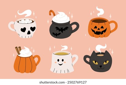 Vector collection of cute Halloween mugs. Hot cocoa with marshmallow, coffee and tea cups with cute faces, ghost, pumpkin, witch black cat and skull. Flat cartoon illustration on pink background