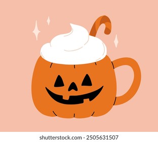 Vector collection of cute Halloween mugs. Hot cocoa with marshmallow, coffee and tea cups with cute faces, ghost, pumpkin, witch black cat and skull. Flat cartoon illustration on pink background