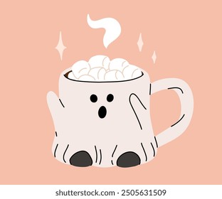 Vector collection of cute Halloween mugs. Hot cocoa with marshmallow, coffee and tea cups with cute faces, ghost, pumpkin, witch black cat and skull. Flat cartoon illustration on pink background