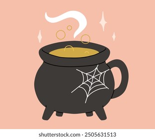 Vector colección de tazas lindas de Halloween. Cacao caliente con malvavisco, café y tazas de té con caras lindas, fantasma, calabaza, gato negro de bruja y cráneo. Ilustración plana de dibujos animados sobre fondo rosa