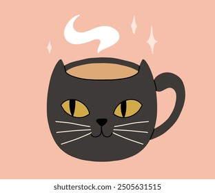 Vector collection of cute Halloween mugs. Hot cocoa with marshmallow, coffee and tea cups with cute faces, ghost, pumpkin, witch black cat and skull. Flat cartoon illustration on pink background