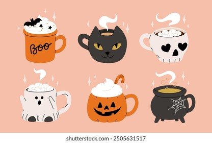 Vector collection of cute Halloween mugs. Hot cocoa with marshmallow, coffee and tea cups with cute faces, ghost, pumpkin, witch black cat and skull. Flat cartoon illustration on pink background