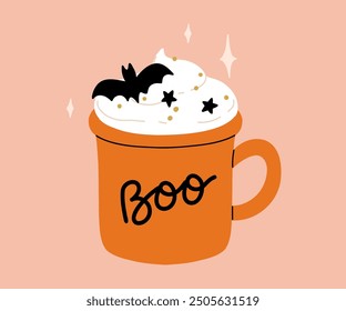 Vector colección de tazas lindas de Halloween. Cacao caliente con malvavisco, café y tazas de té con caras lindas, fantasma, calabaza, gato negro de bruja y cráneo. Ilustración plana de dibujos animados sobre fondo rosa