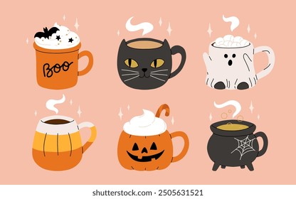 Vector collection of cute Halloween mugs. Hot cocoa with marshmallow, coffee and tea cups with cute faces, ghost, pumpkin, witch black cat and skull. Flat cartoon illustration on pink background