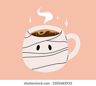 Vector colección de tazas lindas de Halloween. Cacao caliente, café y tazas de té con caras lindas, sombrero de bruja, alas de murciélago negro con estrellas y momia, bola de ojo. Ilustración plana de dibujos animados sobre fondo rosa